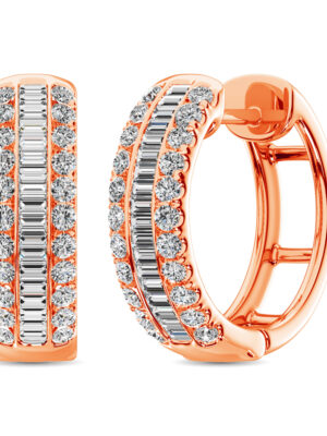 14K Rose Gold Round and Baguette Diamond 1/2 Ct.Tw. Hoop Earrings