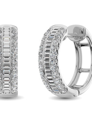 14K White Gold Round and Baguette Diamond 1/2 Ct.Tw. Hoop Earrings