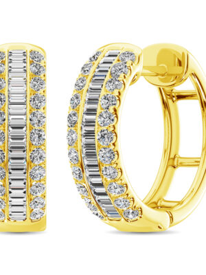 14K Yellow Gold Round and Baguette Diamond 1/2 Ct.Tw. Hoop Earrings
