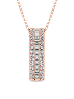 14K Rose Gold Round and Baguette Diamond 1/3 Ct.Tw. Drop Bar Pendant