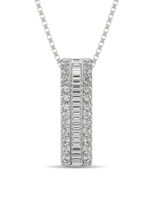 14K White Gold Round and Baguette Diamond 1/3 Ct.Tw. Drop Bar Pendant