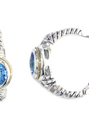 EFFY 925 STERLING SILVER/18K YELLOW GOLD DIAMOND,BLUE TOPAZ EARRINGS