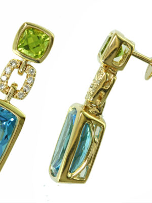 EFFY 14K YELLOW GOLD DIAMOND,BLUE TOPAZ,PERIDOT EARRINGS