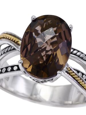 EFFY 925 STERLING SILVER/18K YELLOW GOLD SMOKY QUARTZ RING