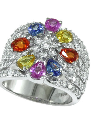 EFFY 14K WHITE GOLD DIAMOND,NATURAL CEYLON SAPPHIRE,ORANGE SAPPHIRE,PINK SAPPHIRE,YELLOW SAPPHIRE RING