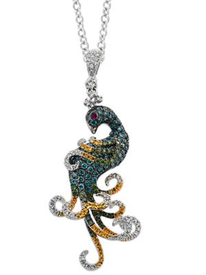 EFFY 14K WHITE GOLD DIAMOND,MULTICOLOR,BLUE DIAMOND,GREEN DIAMOND,NATURAL RUBY PENDANT