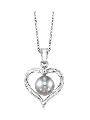 This beautiful ribbon heart pendant features a cultured silver gray pearl that sits beautifully nestled inside this pretty open heart ribbon pendant, taking center-stage on this exquisite pendant. A tapered bail is set on the top of the heart, all crafted